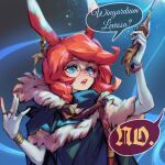  1girl animal_ears aurora_(league_of_legends) blue_eyes coat earrings elbow_gloves english_text fingerless_gloves freckles fur-trimmed_coat fur_trim glasses gloves green_hoodie hair_between_eyes highres holding holding_wand hood hoodie jewelry league_of_legends long_hair looking_up magic open_mouth orange_hair outdoors partially_fingerless_gloves phantom_ix_row rabbit_ears round_eyewear sidelocks solo speech_bubble teeth upper_body upper_teeth_only wand white_gloves 