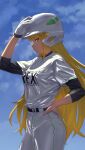  1girl baseball_cap belt blonde_hair blue_sky character_request closed_mouth clouds commentary_request day gloves hand_on_headwear hat helmet highres long_hair looking_at_viewer outdoors pants sakiruo46 sky solo standing uniform upper_body very_long_hair white_gloves xenoblade_chronicles_(series) xenoblade_chronicles_2 