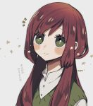  1girl blush_stickers brown_hair green_eyes highres long_hair looking_up maco22 original smile solo star_(symbol) sweater_vest translation_request 
