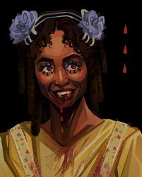  1girl black_background blood blood_drip blood_from_mouth blood_on_clothes blood_on_face blood_on_teeth blue_eyeshadow blue_flower brown_hair claudia_(interview_with_the_vampire) curly_hair dark-skinned_female dark_skin dress eyeshadow fangs floral_print flower freckles hair_flower hair_ornament hatching_(texture) highres horror_(theme) interview_with_the_vampire looking_to_the_side makeup open_mouth portrait quezify red_eyes simple_background smile solo teeth vampire yellow_dress 