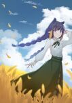  1girl alternate_costume animal_ears arm_behind_head arm_up blue_sky blunt_bangs braid center_frills clouds commentary day dutch_angle frills grass green_ribbon green_skirt highres hololive hololive_english kenjun long_hair long_skirt long_sleeves looking_at_viewer mole mole_under_eye multicolored_hair neck_ribbon ninomae_ina&#039;nis orange_hair outdoors pointy_ears puffy_long_sleeves puffy_sleeves purple_hair ribbon shirt skirt sky smile solo twin_braids violet_eyes virtual_youtuber white_shirt 