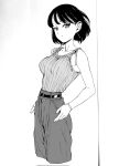  1girl bad_id bad_pixiv_id baggy_pants bare_shoulders belt black_hair breasts closed_mouth dende_(dndn222) earrings facing_viewer greyscale hair_behind_ear highres jewelry large_breasts looking_at_viewer monochrome original pants scan scan_artifacts short_hair solo standing tank_top traditional_media 