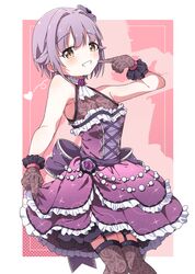  1girl absurdres ascot bare_shoulders blush border bow breasts brown_gloves brown_thighhighs choker cowboy_shot dot_nose dress dress_bow flower frilled_dress frills garter_straps gloves grin hair_flaps hair_intakes heart highres idolmaster idolmaster_cinderella_girls idolmaster_cinderella_girls_starlight_stage jewelry koshimizu_sachiko layered_dress looking_at_viewer necklace outside_border pearl_necklace pigeon-toed pink_background pointing pointing_at_self polka_dot polka_dot_background purple_bow purple_dress purple_flower purple_hair short_hair silhouette skirt_hold sleeveless sleeveless_dress small_breasts smile solo standing thigh-highs white_ascot white_border white_choker yairo_ju yellow_eyes 