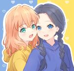  2girls :d absurdres alternate_hairstyle aqua_eyes blue_background blue_eyes blue_hair blue_hoodie blush braid cheek-to-cheek crossed_bangs dark_blue_hair forehead hair_down heads_together heart heart_background highres hinoshita_kaho hood hood_down hoodie link!_like!_love_live! long_hair looking_at_viewer love_live! low_twin_braids medium_hair multiple_girls murano_sayaka open_mouth orange_hair outline parted_bangs smile teeth twin_braids two-tone_background upper_teeth_only white_outline yellow_background yellow_hoodie yutuki_ame 