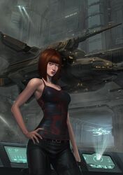  1girl bare_arms bare_shoulders battleship_(eve_online) belt black_belt black_pants black_tank_top blue_eyes blunt_bangs breasts brown_hair building caldari_state_(eve_online) combat_ship_(eve_online) commentary computer cowboy_shot duan_henglong eve_online floating floating_object glowing golem_(eve_online) hand_on_own_hip hangar highres hologram indoors large_breasts lips looking_at_viewer marauder_(eve_online) medium_bangs medium_hair megastructure military_vehicle nose pants raven_(eve_online) realistic red_lips science_fiction screen solo spacecraft tank_top thigh_belt thigh_strap 