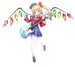  1girl absurdres alternate_costume blue_skirt crystal_wings electric_guitar flandre_scarlet ggs guitar hair_ribbon hand_up hat highres instrument mary_janes mini_hat open_mouth red_ribbon ribbon shoes side_ponytail simple_background skirt smile solo thigh-highs touhou white_background white_thighhighs 