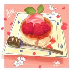 absurdres food food_focus fruit highres ice_cream no_humans original petals plate pudding spoon strawberry strawberry_syrup syrup takisou_sou 