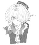  1boy asymmetrical_sleeves black_bow black_hat bow coat colored_eyelashes dhow028 greyscale hair_bow hair_over_one_eye hat highres honkai:_star_rail honkai_(series) looking_at_viewer monochrome nervous parted_lips ponytail sweatdrop symbol-shaped_pupils triangle_mouth vest 