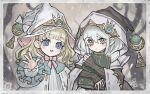  2girls :d asteria_of_the_white_woods blonde_hair blue_eyes book bow braid diabellstar_the_black_witch diabellze_the_original_sinkeeper dress duel_monster grey_eyes hat holding long_hair long_sleeves medium_hair monocle multiple_girls open_mouth pink_bow ringo_ringogoo risette_of_the_white_woods smile twin_braids upper_body witch_hat wizard_hat yu-gi-oh! 