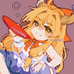  1girl alcohol artist_name blush bow brown_background closed_mouth commentary_request cup futsu_nomal gourd hair_bow highres holding holding_cup horns ibuki_suika long_hair looking_at_viewer low-tied_long_hair orange_eyes orange_hair pixel_art purple_skirt sakazuki sake shirt simple_background skirt smile solo torn_clothes torn_sleeves touhou white_shirt 