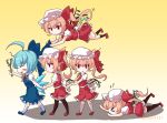  5girls ahoge black_thighhighs blonde_hair blue_bow blue_dress blue_footwear blush_stickers bow branch cirno clone crystal_wings dress flandre_scarlet flying_sweatdrops four_of_a_kind_(touhou) gradient_background hair_bow hat holding holding_branch jyaoh0731 looking_at_viewer mob_cap multiple_girls one_side_up open_mouth pointy_ears red_eyes red_footwear red_skirt red_vest shirt short_sleeves skirt socks thigh-highs touhou vest white_hat white_shirt white_socks yellow_background 