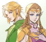  1boy 1girl armor blonde_hair blue_eyes dress earrings gloves green_tunic jewelry kurokawa_karasu link long_hair looking_at_viewer pink_dress pointy_ears princess princess_zelda shoulder_armor the_legend_of_zelda the_legend_of_zelda:_ocarina_of_time tunic 