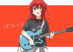  1girl bare_arms black_bracelet black_shirt black_t-shirt bocchi_the_rock! bracelet cable clothes_writing commentary_request copyright_name cowboy_shot dot_nose electric_guitar eyes_visible_through_hair green_eyes guitar highres instrument jewelry kirara_fantasia kita_ikuyo korean_commentary letterboxed light_blush long_hair looking_at_viewer one_side_up open_mouth outside_border playing_guitar pleated_skirt red_background red_hair redhead shirt short_sleeves skirt smile solo straight-on sweat t-shirt to9_722 white_skirt 