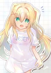  1girl :d arm_at_side blonde_hair blush bra_visible_through_clothes commentary drop_shadow eyes_visible_through_hair green_eyes hair_between_eyes hair_intakes hair_ornament happy highres long_hair looking_at_viewer notice_lines open_mouth oversized_clothes panties_visible_through_clothes see-through see-through_shirt shirt short_sleeves sidelocks simple_background smile solo summer_pockets tsumugi_wenders twintails ura_(ura-tennislove) very_long_hair white_background white_shirt x_hair_ornament 