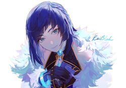  1girl black_gloves blue_eyes blue_hair closed_mouth genshin_impact gloves head_tilt jewelry keibleh looking_at_viewer medium_hair necklace signature simple_background smile solo white_background yelan_(genshin_impact) 