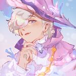  1boy absurdres alternate_costume bishounen frills genshin_impact hair_over_one_eye hand_up hat highres luma_mintororu lyney_(genshin_impact) male_focus solo teardrop_tattoo upper_body violet_eyes 