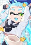  1girl bike_shorts blue_hair green_eyes highres holding inkling inkling_girl inkling_player_character one_eye_closed open_mouth paint paint_splatter pointy_ears rubber_duck sahata_saba shirt signature simple_background single_vertical_stripe splatoon_(series) splatoon_3 suction_cups tentacle_hair white_background white_shirt 