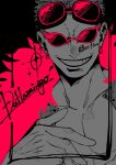  1boy character_name collarbone commentary_request donquixote_doflamingo earrings english_text eyewear_on_head highres jewelry larugo0513 male_focus one_piece short_hair smile solo sunglasses 