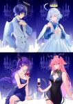  1boy 3girls animal_ears black_dress black_necktie blue_dress blue_eyes blue_hair blue_shirt blue_sleeves braid breasts closed_mouth crown cup dress flower fox_ears furina_(genshin_impact) genshin_impact glass hair_between_eyes hair_ornament halo heterochromia highres holding holding_cup horns jewelry long_hair long_sleeves looking_at_viewer medium_breasts mole mole_under_eye multicolored_hair multiple_girls necklace necktie pink_hair puffy_sleeves purple_hair raiden_shogun red_flower red_rose rose scaramouche_(genshin_impact) shirt short_hair smile vest violet_eyes white_dress white_hair white_vest xnoahru yae_miko 