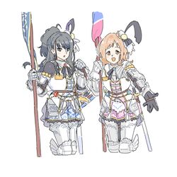  2girls alternate_costume armor armor_under_clothes belt black_bodysuit black_eyes black_hair black_ribbon blue_skirt bodysuit brooch brown_belt brown_eyes brown_hair cropped_legs cuirass cuisses faulds flag gauntlets holding holding_flag holding_strap idolmaster idolmaster_shiny_colors jacket jewelry jibakurei_(elite_unchi) kazano_hiori long_hair looking_at_viewer multiple_girls neck_ribbon open_mouth outstretched_hand pauldrons pink_skirt pleated_skirt poleyn ponytail ribbon sakuragi_mano shoulder_armor simple_background single_pauldron skirt sleeveless sleeveless_jacket smile tareme tsurime vambraces white_background white_jacket 