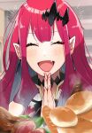  1girl baobhan_sith_(fate) baobhan_sith_(first_ascension)_(fate) blush bread closed_eyes earrings fang fate/grand_order fate_(series) food hair_ornament ham highres jewelry open_mouth own_hands_together pointy_ears red_nails sidelocks smile solo steam turunakibunn upper_body 