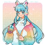 1girl animal_ear_headphones animal_ear_piercing animal_ears bare_shoulders blue_eyes blue_hair blunt_bangs blush_stickers border bubble_tea cat_ears cat_girl closed_mouth clothes_writing clothing_cutout collared_shirt commentary constellation cowboy_shot crescent_moon crop_top cup disposable_cup draw_this_in_your_style_challenge drink drinking_straw emily_kim english_commentary eyelashes fake_animal_ears fang fang_out grid_background halter_shirt halterneck headphones heart heart_cutout heart_print highres holding holding_drink jacket jersey long_hair long_sleeves low_twintails moon multicolored_clothes multicolored_jacket open_clothes open_jacket original outside_border puffy_long_sleeves puffy_sleeves rainbow_gradient shirt sidelocks sky smile solo sparkle star_(sky) starry_sky twintails twitter_username v very_long_hair white_border white_headphones white_shirt