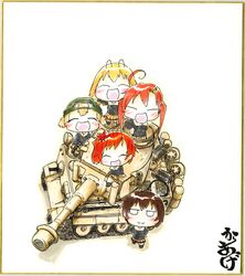  5girls absurdres bellwall_military_uniform black_jacket blonde_hair brown_hair brown_skirt character_request chibi commentary_request friedchicken_(huzimizawa) girls_und_panzer girls_und_panzer_little_army hair_ornament hairpin hat highres jacket kita_kabayo military_vehicle miniskirt motor_vehicle multiple_girls nakasuga_emi orange_eyes orange_hair shiratori_nagisa_(girls_und_panzer) short_hair skirt takami_yuu tank tiger_i twintails yuzumoto_hitomi 