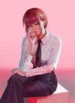  1girl absurdres black_necktie black_pants chainsaw_man crossed_legs formal highres looking_at_viewer luxearte makima_(chainsaw_man) necktie pants pink_background redhead ringed_eyes shirt sitting solo white_shirt yellow_eyes 