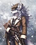  1boy ammunition_belt animal_ears belt black_gloves black_pants blue_eyes body_fur brown_coat brown_hat buttons cabbie_hat coat cowboy_shot expressionless fate/grand_order fate_(series) fingerless_gloves fur-trimmed_coat fur_trim furry furry_male gloves grey_fur grey_hair gun hat holding holding_gun holding_weapon long_hair looking_at_viewer male_focus notched_ear outdoors pants patxi_(fate) pouch rifle sheath sheathed snout snowing solo standing tail tsuji weapon wolf_boy wolf_ears wolf_tail 