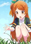  1girl :o blue_sky blush brown_shorts bug clouds cloudy_sky collared_shirt dot_nose grass hand_on_own_knee idolmaster idolmaster_million_live! idolmaster_million_live!_theater_days koma_tori ladybug legs_together long_hair looking_down ogami_tamaki open_hand open_mouth orange_eyes orange_hair outdoors parted_bangs shirt shorts side_ponytail sidelocks sitting sky solo squatting straight_hair tree very_long_hair 