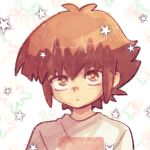  1boy :o brown_eyes brown_hair brown_outline eyelashes looking_at_viewer male_focus medium_hair p_baby_blue portrait shirt solo starry_background white_background white_shirt yu-gi-oh! yu-gi-oh!_gx yuki_judai 