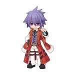  1boy biolo_(ragnarok_online) black_footwear black_gloves black_necktie chibi closed_mouth coat collared_shirt fingerless_gloves full_body gloves hair_between_eyes hand_on_own_hip high_collar holding_vial long_bangs long_sleeves looking_at_viewer male_focus necktie official_art open_clothes open_coat pants potion pouch purple_hair purple_vest ragnarok_online red_coat shirt shoes short_hair simple_background smile solo standing tachi-e thigh_pouch transparent_background v-shaped_eyebrows vest vial violet_eyes white_pants white_shirt yuichirou 