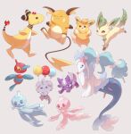  :3 ampharos balloon blue_eyes blue_hair brown_eyes closed_eyes colored_skin commentary_request espurr forehead_jewel frillish frillish_(female) frillish_(male) grey_background grey_fur highres leafeon long_hair multi-tied_hair no_humans orange_fur pawmi pokemon pokemon_(creature) porygon-z primarina raichu sea_lion simple_background snout suimin_ap_(aroniumu) tail toxel violet_eyes walking white_skin yellow_skin 