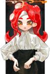  1girl absurdres black_skirt border cephalopod_eyes collared_shirt commentary fang green_pupils highres kumo_(kumo_hsc0216) light_blush long_hair long_sleeves looking_at_viewer octoling octoling_girl octoling_player_character open_mouth orange_eyes outside_border pillarboxed puffy_long_sleeves puffy_sleeves redhead shirt shirt_tucked_in skirt solo splatoon_(series) suction_cups sweat symbol-only_commentary tentacle_hair upper_body white_border white_shirt 