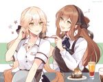  2girls alternate_costume apron blonde_hair blush bow brown_apron coll_(erichankun) collared_shirt commission dessert food fork girls_frontline green_eyes hair_bow headdress holding holding_fork jewelry long_hair looking_at_another looking_at_food multiple_girls musical_note necklace official_alternate_costume open_mouth ots-14_(girls&#039;_frontline) shirt simple_background smile spoken_musical_note springfield_(girls&#039;_frontline) upper_body waist_apron waitress white_shirt yellow_eyes 