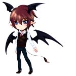  1boy black_footwear black_vest black_wings blue_eyes blue_pants blush brown_hair closed_mouth collared_shirt commentary demon_boy demon_tail demon_wings earrings expressionless full_body hair_between_eyes head_wings highres jewelry lanmei_jiang loafers long_bangs looking_at_viewer male_focus ming_wei_aiqing_de_chibang multiple_earrings necktie pants pointy_ears red_necktie shirt shoes short_hair simple_background solo standing tail vest white_background white_shirt wings 
