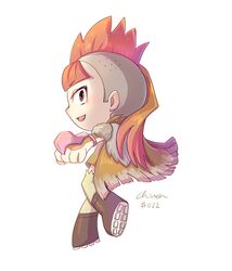  1girl brown_cape brown_dress brown_eyes brown_footwear cape chibi chibi_only chiuanzhang dress fearow full_body looking_back mohawk open_mouth outstretched_arm personification pokedex_number pokemon signature simple_background solo undercut white_background 