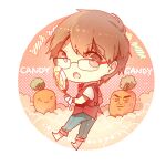  1boy back_bow blue_pants border bow brooch brown_eyes brown_hair candy candy_candy_(song) carrot chibi clouds collared_shirt commentary_request denim english_text food glasses heart heart_brooch holding holding_candy holding_food holding_lollipop indie_utaite jeans jewelry light_particles lollipop male_focus open_mouth pants polka_dot polka_dot_background red-framed_eyewear red_background red_bow red_vest rella round_border shirt shoose short_hair short_sleeves socks solo song_name swirl_lollipop utaite vest white_border white_shirt white_socks white_wrist_cuffs wrist_cuffs 