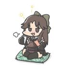  :3 black_gloves black_neckerchief black_skirt bow brown_eyes brown_hair cup cushion drinking_glass drunk elbow_gloves ferret-san gloves green_bow hair_bow jintsuu_(kancolle) kantai_collection long_hair neckerchief orange_shirt pleated_skirt sailor_collar school_uniform serafuku shirt simple_background sitting skirt smile solid_oval_eyes white_background white_sailor_collar zabuton 