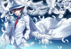  1boy absurdres bird blue_eyes blue_shirt brown_hair cape collared_shirt dove floating_cape formal gloves hair_between_eyes hand_in_pocket hat highres kaitou_kid magic_kaito male_focus meitantei_conan monocle monocle_chain necktie pants red_necktie riceko shirt short_hair sky star_(sky) starry_sky suit top_hat white_cape white_gloves white_pants white_suit 