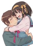  1boy 1girl ;d absurdres arm_around_waist blue_sailor_collar blue_skirt blush brown_eyes brown_hair closed_mouth commentary couple cowboy_shot frown hair_ribbon hairband hand_on_another&#039;s_shoulder happy heads_together hetero highres hug kyon long_sleeves looking_at_another looking_to_the_side medium_hair one_eye_closed ribbon sailor_collar school_uniform shirt short_hair shy simple_background skirt smile spiky_hair straight_hair suzumiya_haruhi suzumiya_haruhi_no_yuuutsu sweatdrop taiki_(6240taiki) upper_body white_background white_shirt yellow_hairband yellow_ribbon 