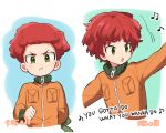  1boy afro english_text episode_number frown green_eyes haizai high_collar jacket kyle_broflovski male_focus messy_hair multiple_views musical_note open_mouth outstretched_arms redhead south_park v-shaped_eyebrows zipper 