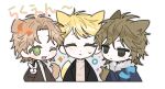  3boys animal_ears atou_haruki black_eyes blonde_hair blue_jacket brown_hair colored_eyelashes commentary_request dog_boy dog_ears dog_tail fox_boy fox_ears fox_tail frown fur-trimmed_jacket fur_trim green_eyes hand_up isoi_reiji jacket kemonomimi_mode korean_commentary light_brown_hair long_sleeves male_focus multiple_boys open_clothes open_jacket open_mouth parted_bangs saibou_shinkyoku shinano_eiji shirt short_hair smile sweat t1fdc tail translation_request v white_shirt wolf_boy wolf_ears wolf_tail 