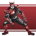  1boy armor belt belt-san compound_eyes contrapposto drive_driver gloves helmet highres kamen_rider kamen_rider_drive kamen_rider_drive_(series) male_focus mask red_armor red_background red_belt red_footwear rider_belt shift_brace shift_car solo standing tire tsubasansan two-tone_background type_speed white_background white_eyes 