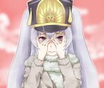  1girl 3: altair_(re:creators) blue_eyes blush casual coat covering_face embarrassed hat highres keiaizenfeld long_hair long_sleeves nose_blush pink_background re:creators red_eyes scarf shaded_face shako_cap solo square_pupils two-tone_eyes upper_body white_hair white_scarf 
