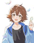  1boy :d blue_jacket blush brown_eyes brown_hair bubble bubble_wand collarbone hair_between_eyes happy highres hilbert_(pokemon) holding jacket looking_at_viewer male_focus open_clothes open_jacket open_mouth p_(flavorppp) pokemon pokemon_bw shirt short_hair smile solo upper_body white_background 