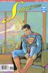  1boy artist_name boots cape cityscape clouds comic_cover commentary dc_comics derivative_work devin_judin english_commentary english_text full_body highres male_focus muscular muscular_male on_chair pants red_footwear screenshot_redraw short_hair sitting sky solo superhero_costume superman superman_(series) western_comics_(style) 
