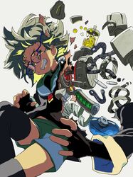  1boy android black_shirt broken cable cyborg damaged fingerless_gloves gloves green_eyes grey_hair highres jar long_sleeves looking_to_the_side mechanical_arms mechanical_parts mechanical_spine original sailor_collar shirt shorts simple_background solo thigh-highs vanilla_(vanillaklein) vanillaklein 