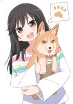  1girl absurdres animal black_hair blue_pants blush brown_eyes cynical_(llcbluckg_c004) dog highres holding holding_animal holding_dog ichijou_hotaru long_sleeves non_non_biyori open_mouth pants paw_print shirt simple_background speech_bubble spoken_symbol tongue tongue_out welsh_corgi white_background white_shirt 