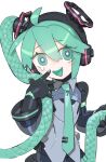  ahoge android bright_pupils cable_hair cheri_zao colored_tongue green_eyes green_hair green_necktie green_tongue grey_shirt hatsune_miku highres long_hair necktie ringed_eyes robot_girl shirt upper_body very_long_hair vocaloid 